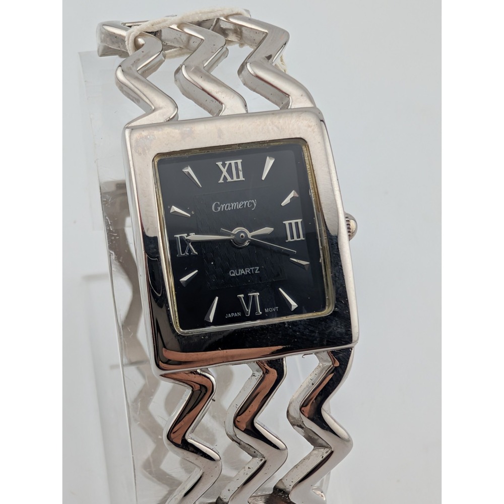 Gramercy Watch Women 21mm Case Black Dial Silver Bangle Band- New Battery